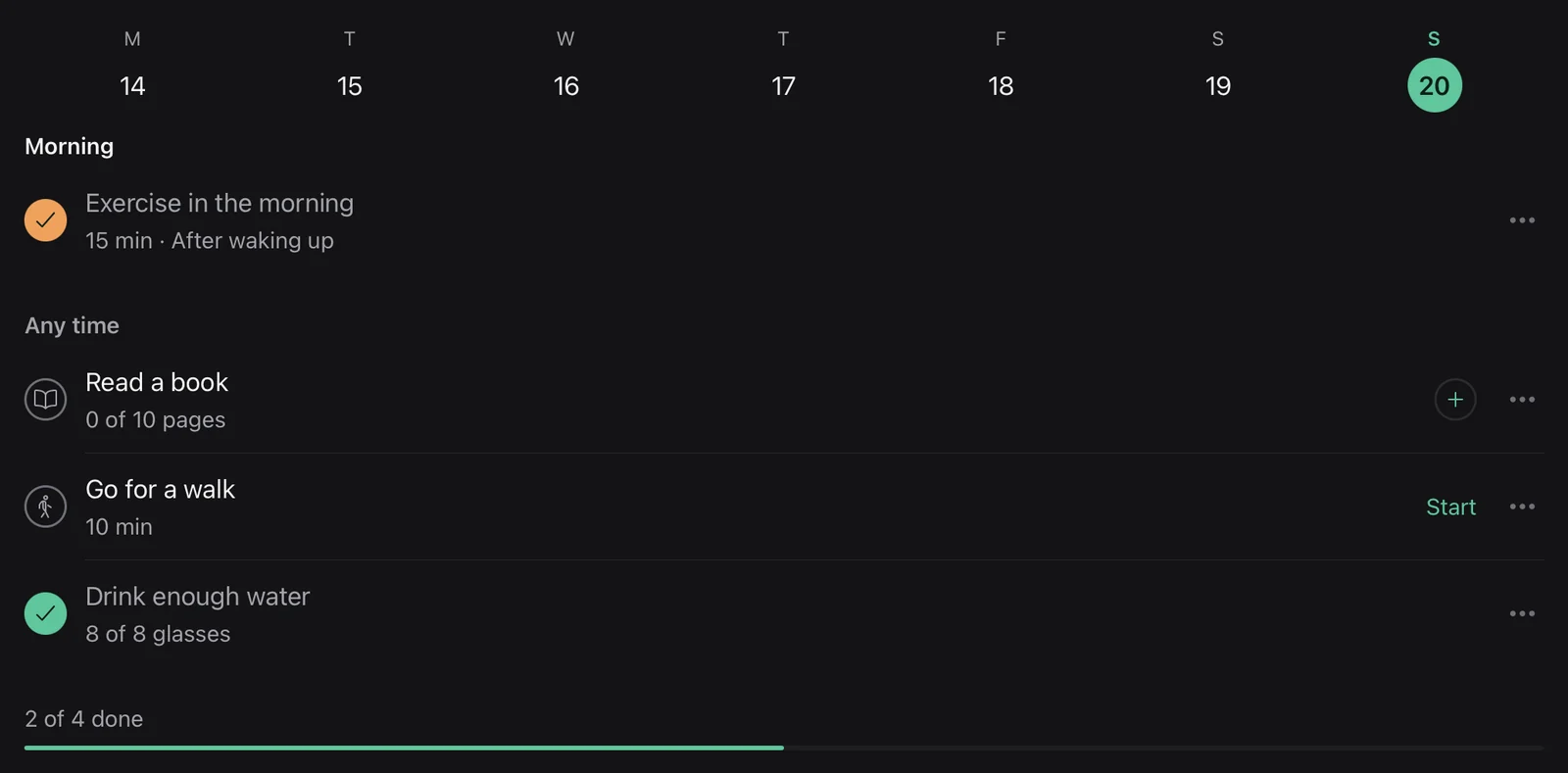 A day in progress on iPad: the week strip, one completed morning habit, three remaining habits, and a progress bar reading “2 of 4 done.”