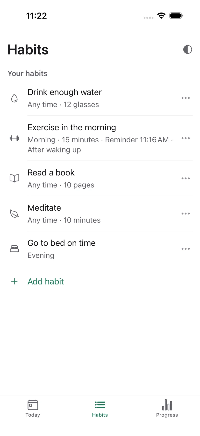 The Habits screen listing five saved habits with their schedule, goal and reminder time.