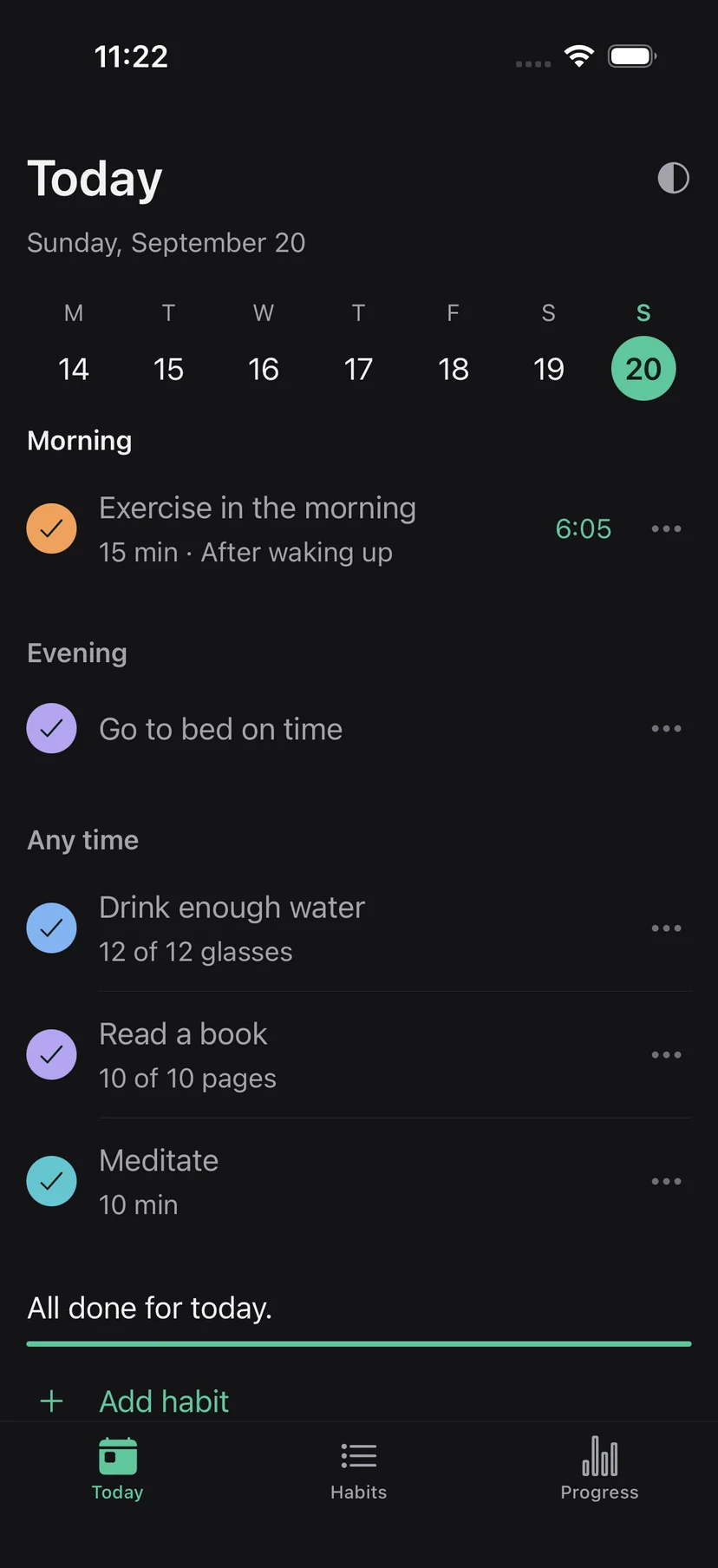 The Today screen in dark mode: every habit for the day is checked off and the screen reads “All done for today.”