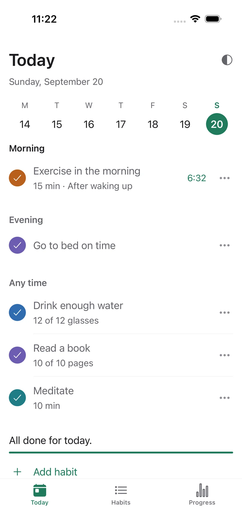The Today screen in Habits, showing the current week, habits grouped into Morning, Evening and Any time, and the line “All done for today.”